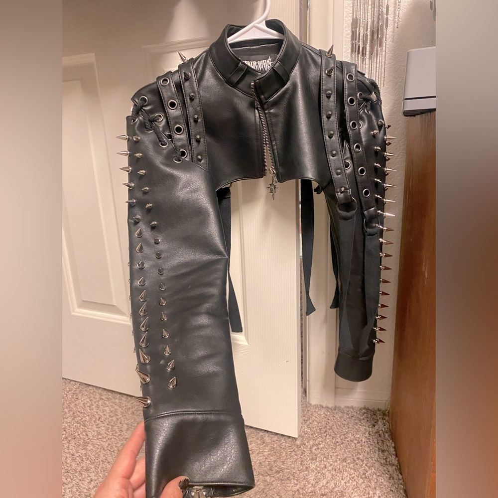 Darker Wavs cropped spiked strappy Zip up shrug rocker moto jacket
